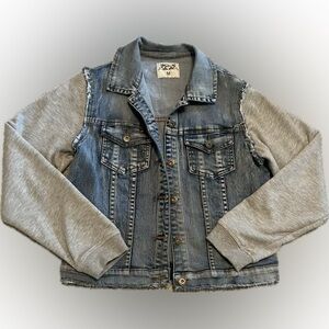 SO NIKKI Distressed Denim Jacket with Gray Fabric Sleeves